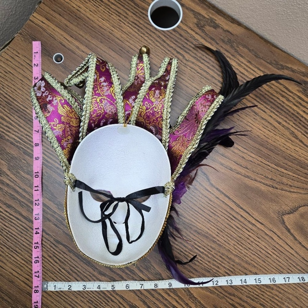 Full Face Venetian Jester Mardi Gra Masks Purple and Gold Brocade - Picture 8 of 9